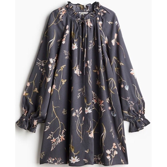 H&M Frilled-Collar Dress Grey Floral Size Medium Moody Preppy Romantic NWT - Picture 1 of 8